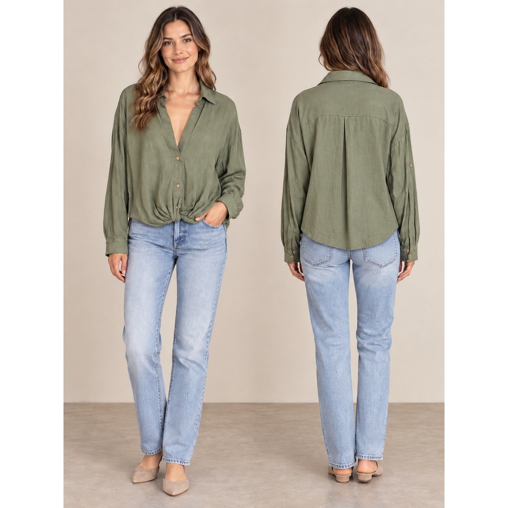 Zara Olive Green Linen Blend Twist Front Button Down Shirt Long Sleeve Small